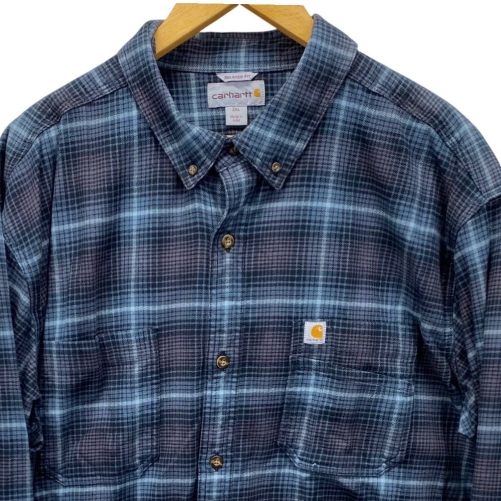 Carhartt Flannel Plaid Button Down Shirt Mens 2XL Blue Relaxed Fit Long Sleeve‎